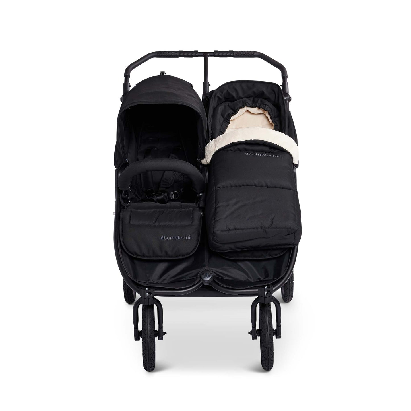 Bumbleride Cold Weather Footmuff attached to Bumbleride Indie Double Stroller in Black