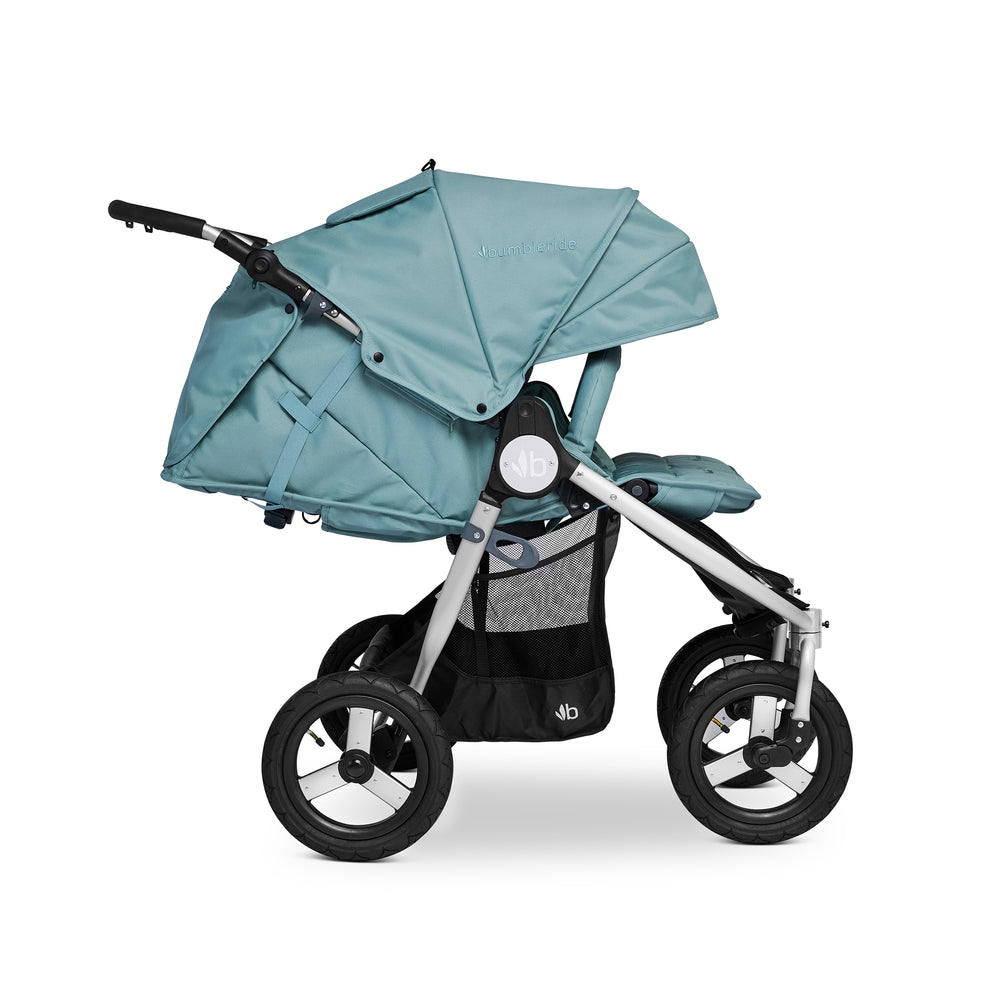 
                  
                    Bumbleride Indie Twin Stroller in Sea Glass - Reclined. New Collection 2022.
                  
                