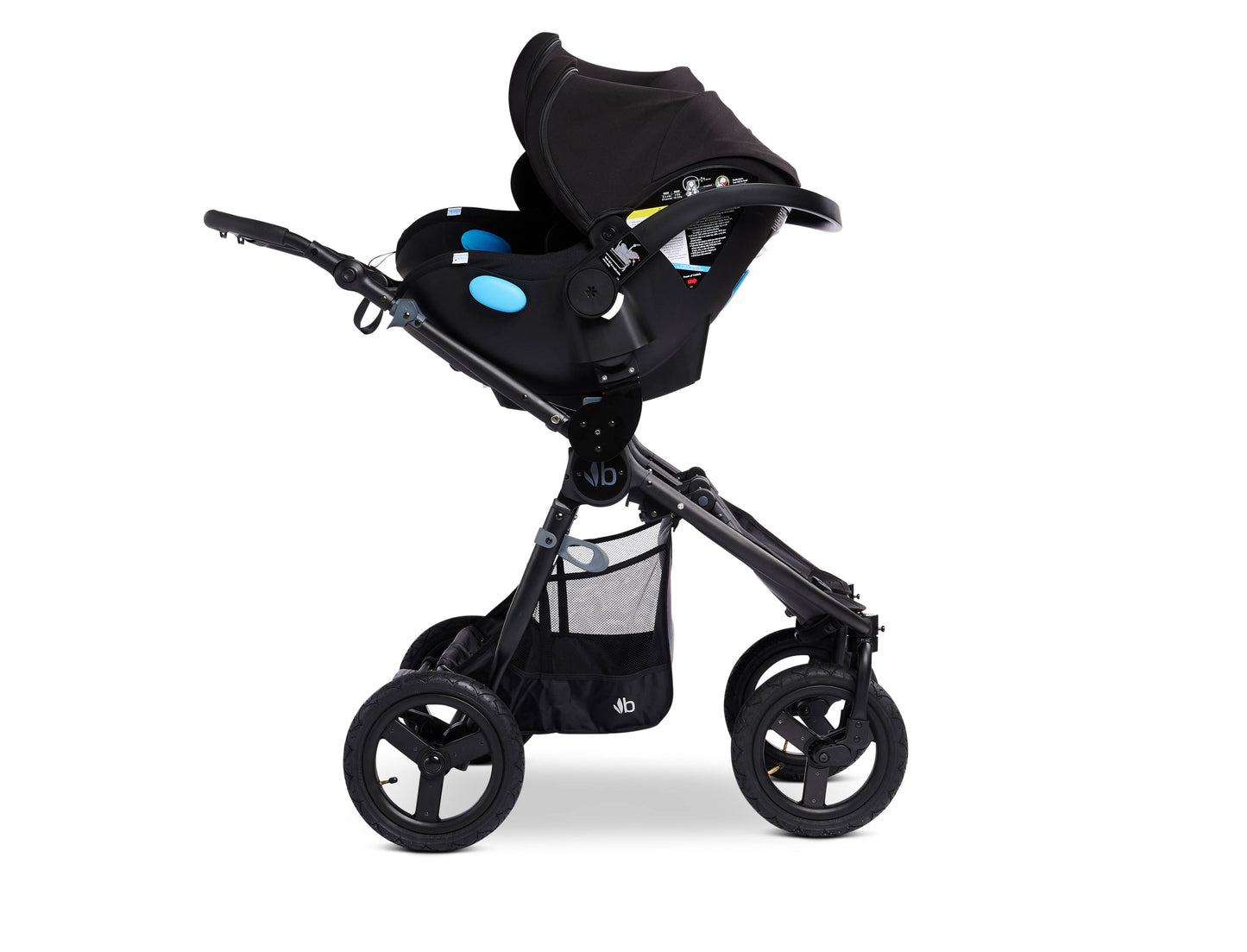
                  
                    Bumbleride Indie Twin in Black with Dual Clek Liing Infant Car Seats in Pitch Black Attached (Car Seat Adapter Set Included) - Profile View - Fabric Removed
                  
                