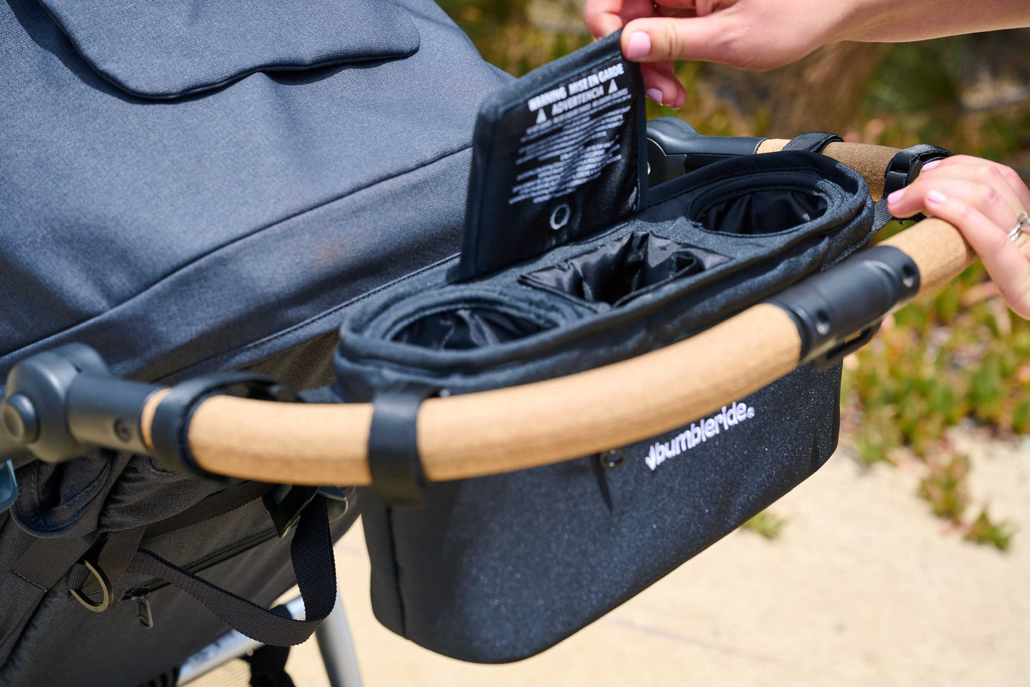 Bumbleride Parent Pack Handlebar Organizer Accessory on Era Stroller Handle - Pouch Open