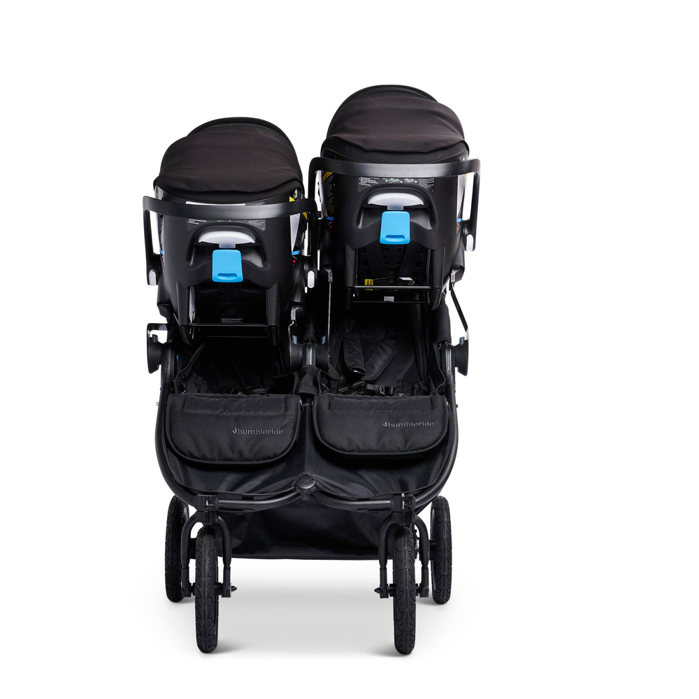 
                  
                    Bumbleride Indie Twin in Black with Dual Clek Liing Infant Car Seats in Pitch Black Attached (Car Seat Adapter Set Included) - Front View
                  
                