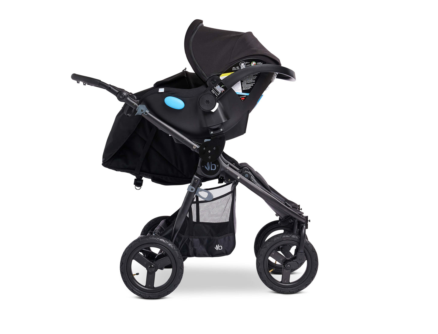 
                  
                    Bumbleride Indie Twin in Black with Clek Liing Infant Car Seat Attached (Bumbleried Car Seat Adapter Included) - Profile View
                  
                