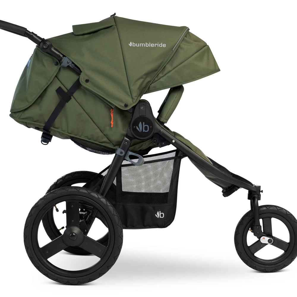 
                      
                        Bumbleride Speed Jogging Stroller in Olive - Premium Black Frame - Reclined.  New Collection 2022.
                      
                    