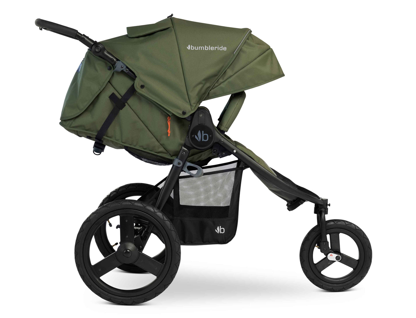 Bumbleride Speed Jogging Stroller in Olive - Premium Black Frame - Reclined.  New Collection 2022.