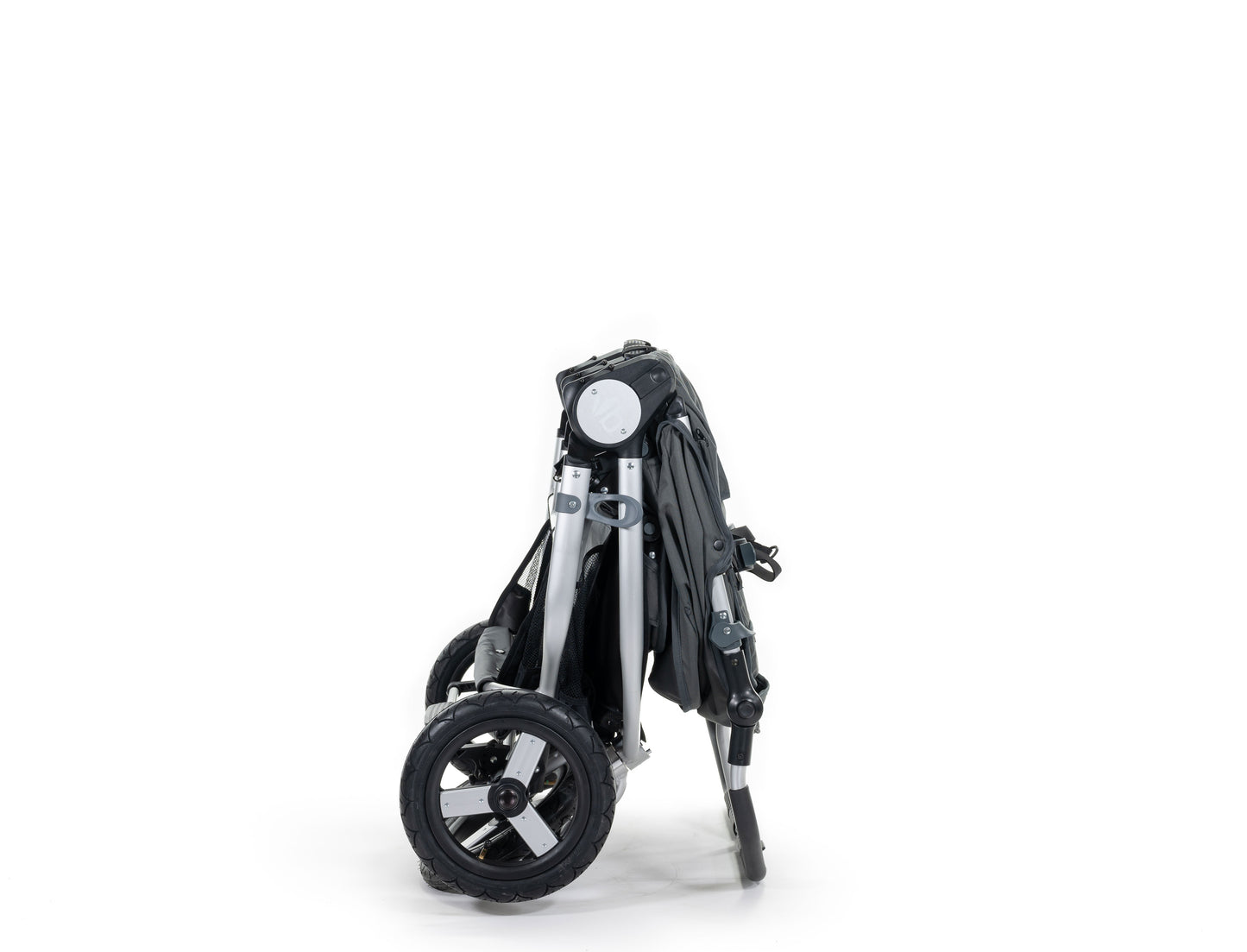 2020 Bumbleride Indie Twin Double Stroller in Dawn Grey - Folded Stowed Upright - Global